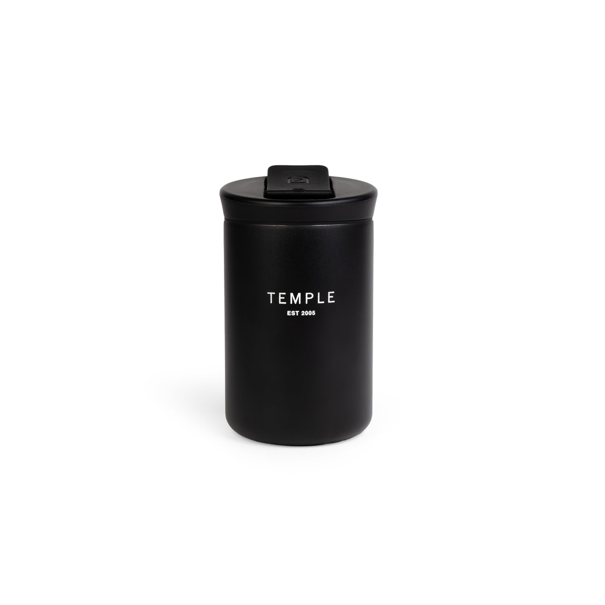 Black insulated mug with 'TEMPLE EST 2008' branding on a white background