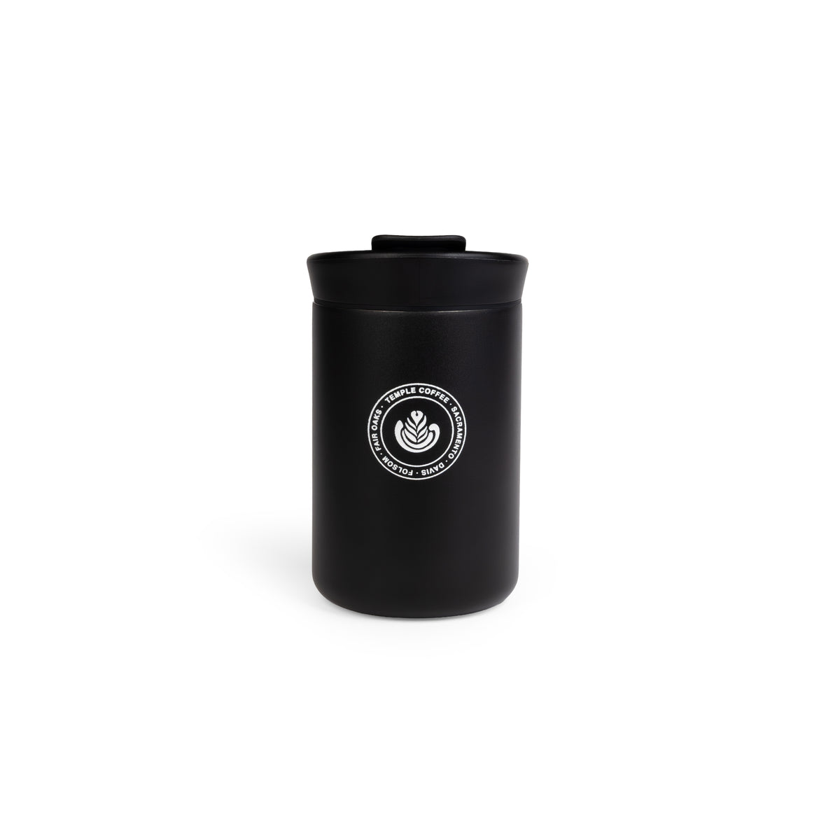 Black tumbler with a logo on a white background