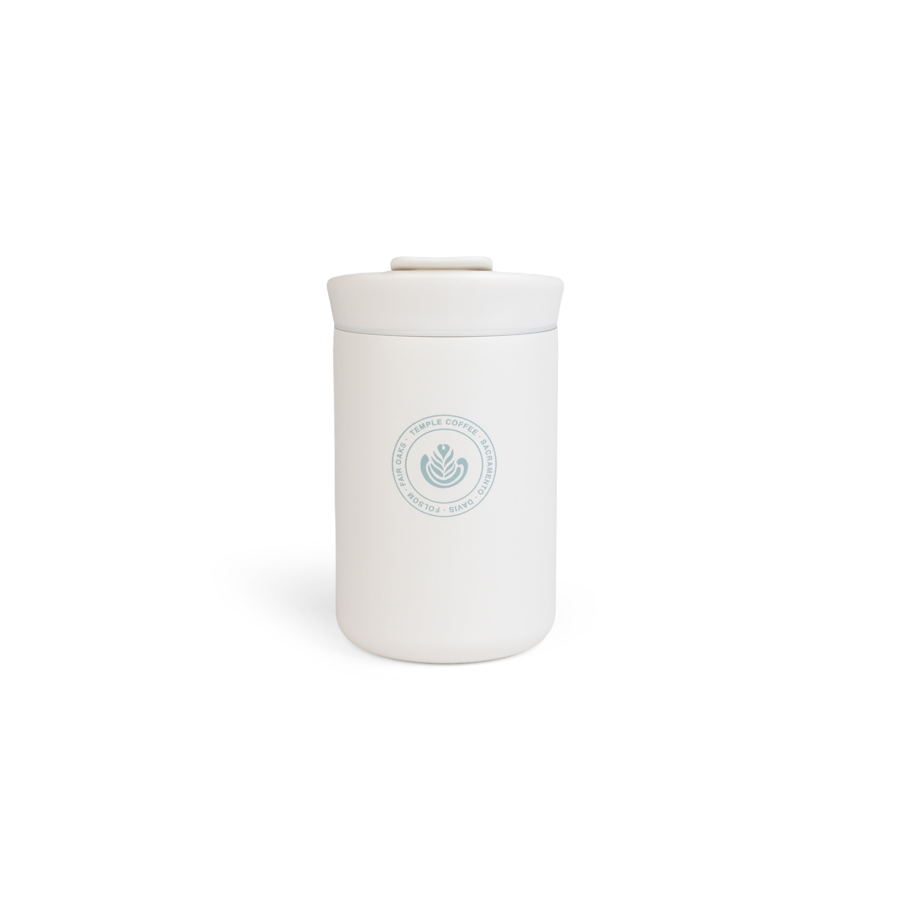 White tumbler with a logo on a white background