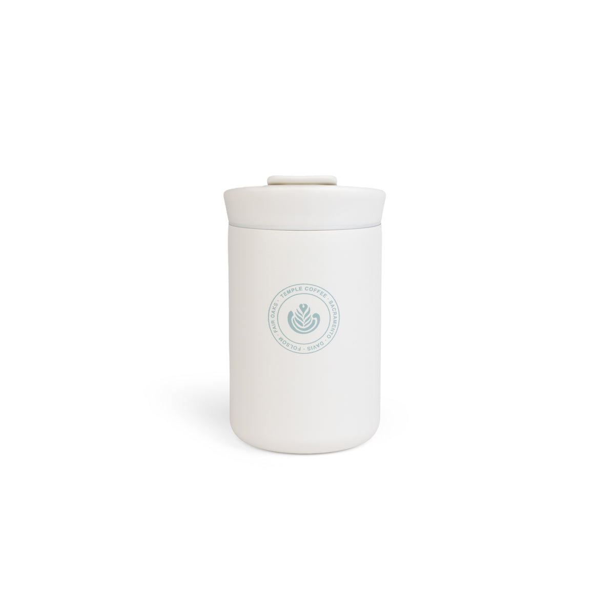 White tumbler with a logo on a white background
