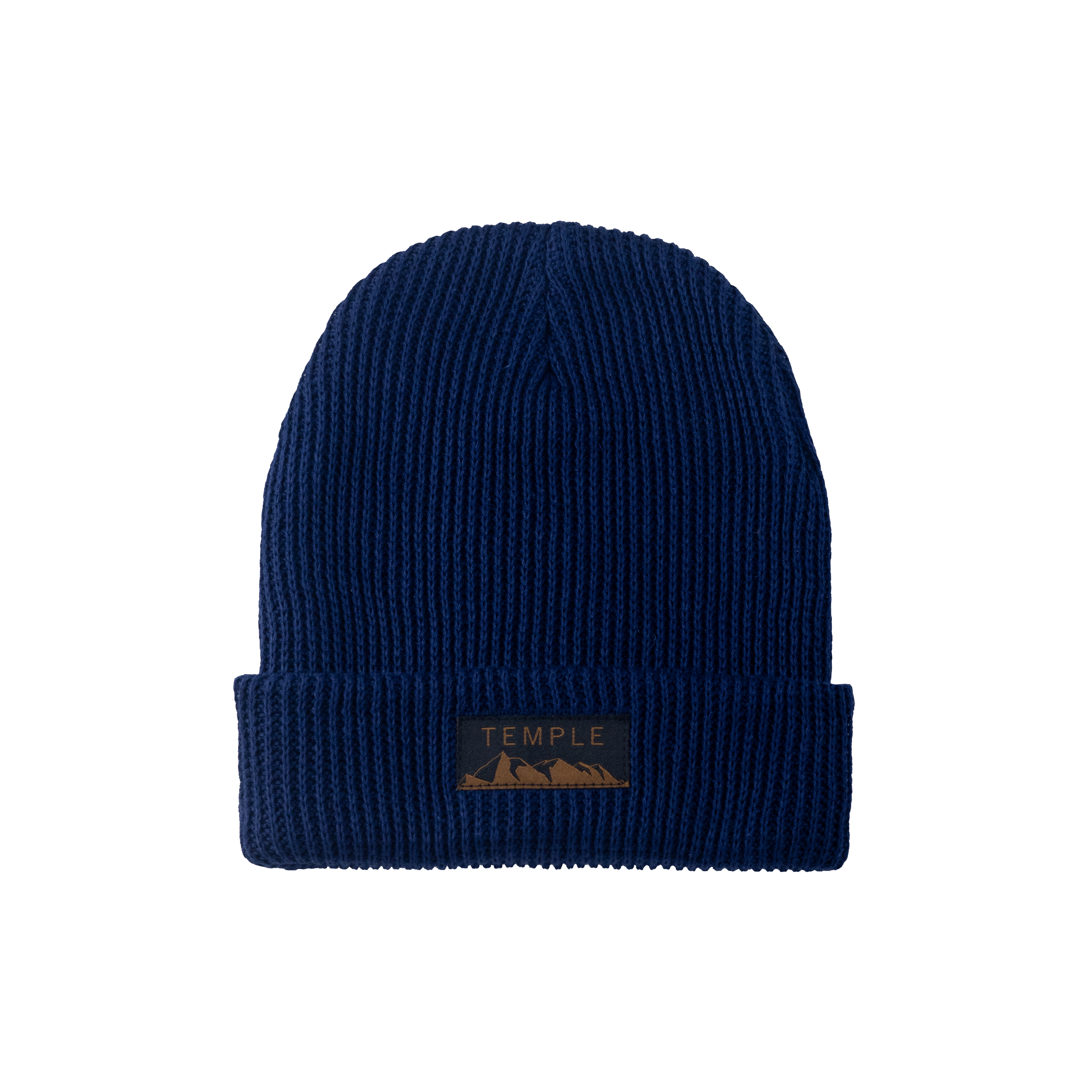Blue beanie with a logo on a white background