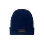 Blue beanie with a logo on a white background