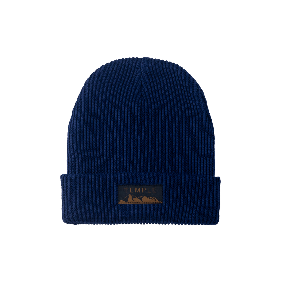 Blue beanie with a logo on a white background