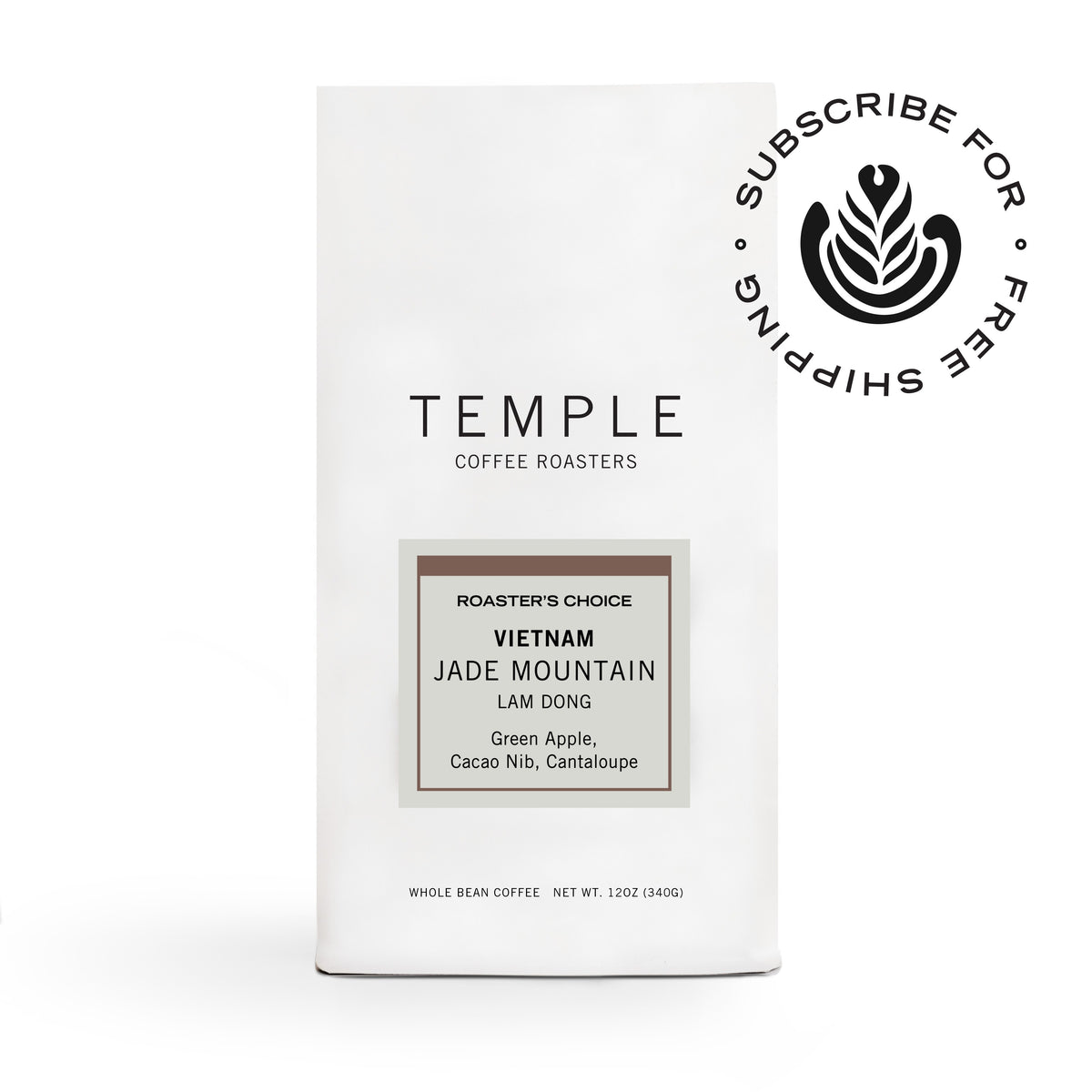 Bag of Vietnam Jade Mountain Roaster's Choice coffee with subscribe and ship free emblem. 