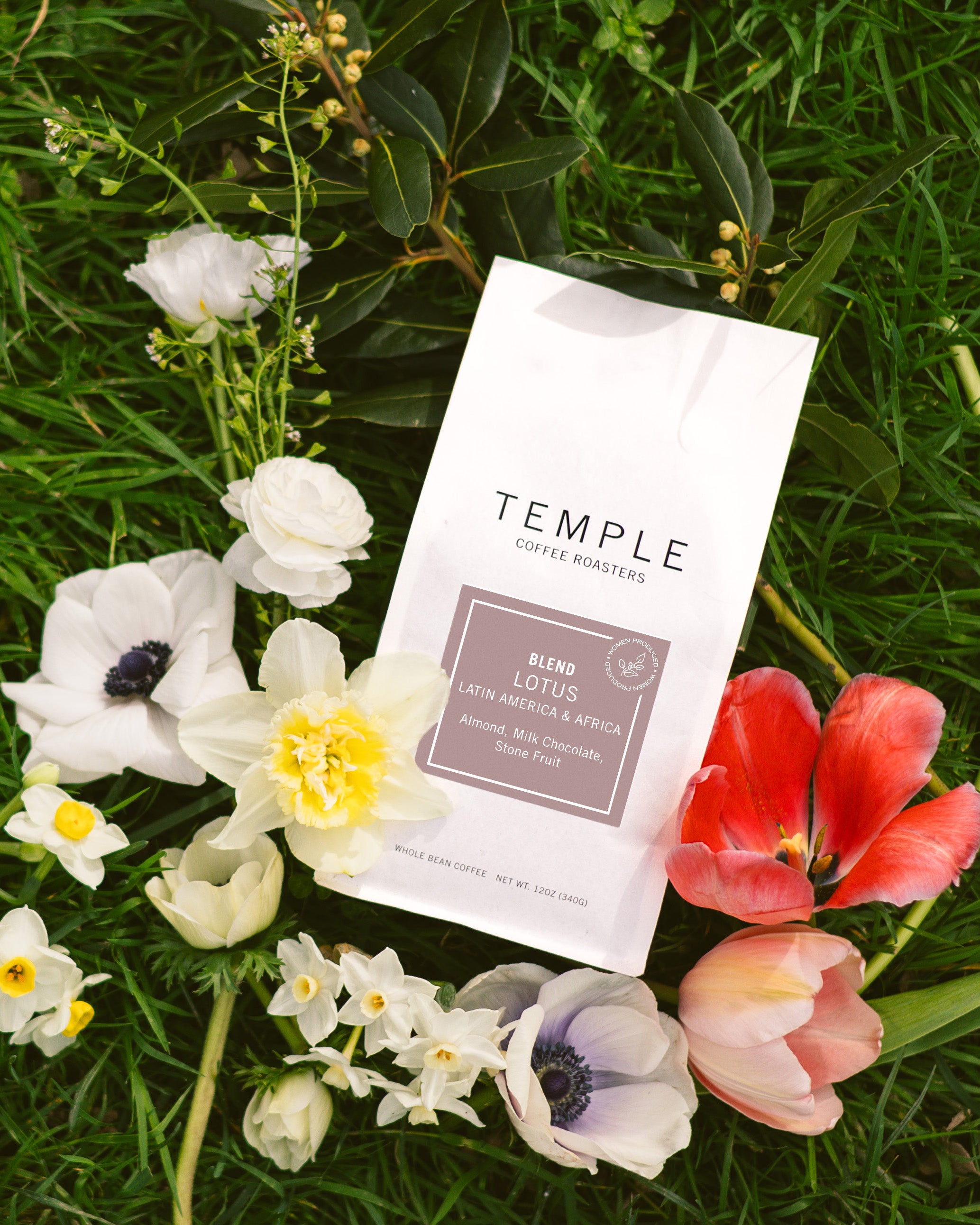 Temple Coffee Roasters blend packet surrounded by flowers on grass