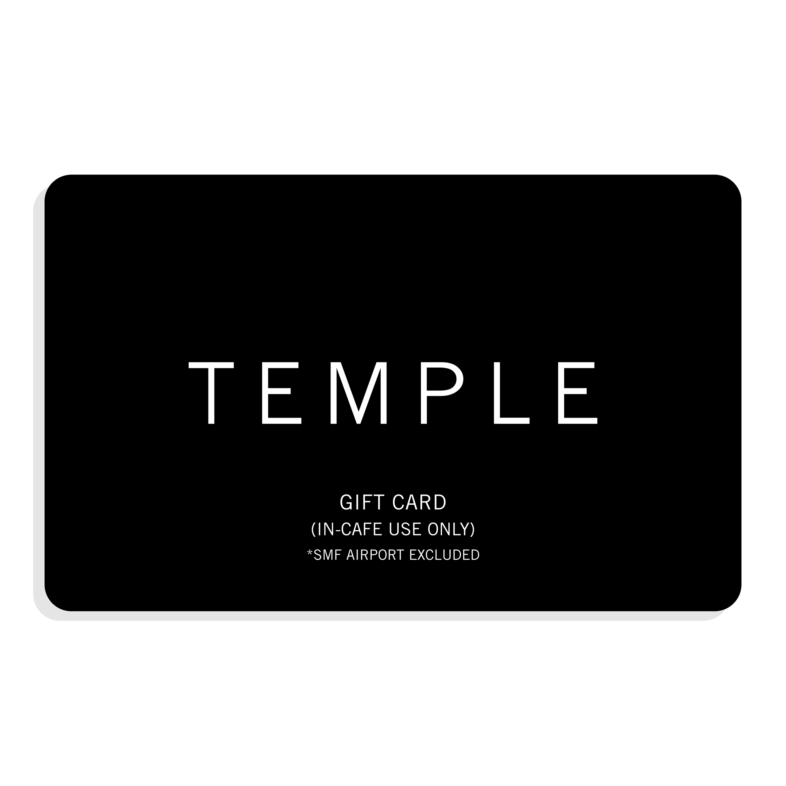 Black gift card with 'TEMPLE' branding on a white background