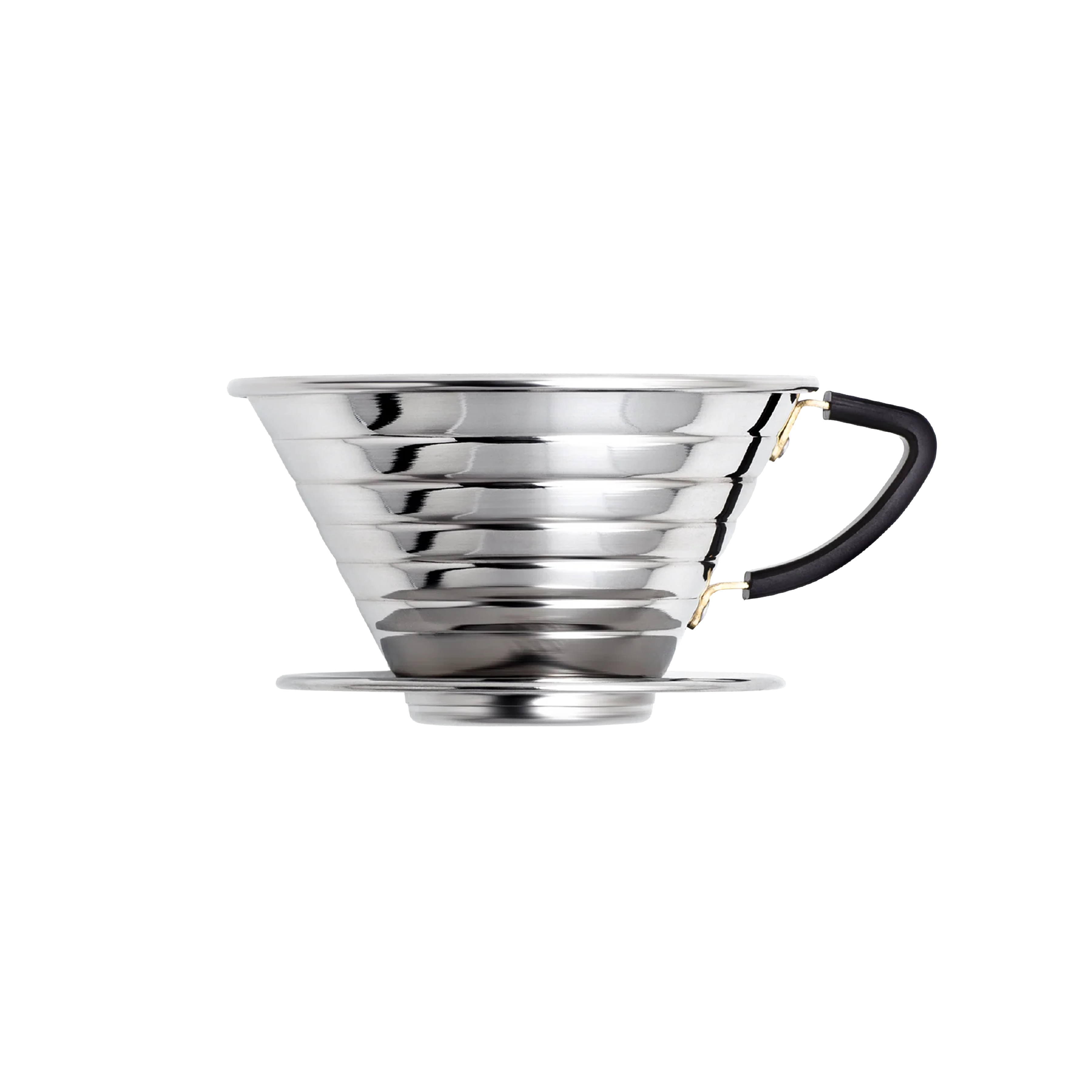 A stainless steel pour-over coffee dripper with a black handle and gold-toned metal accents, shown on a clean white background.