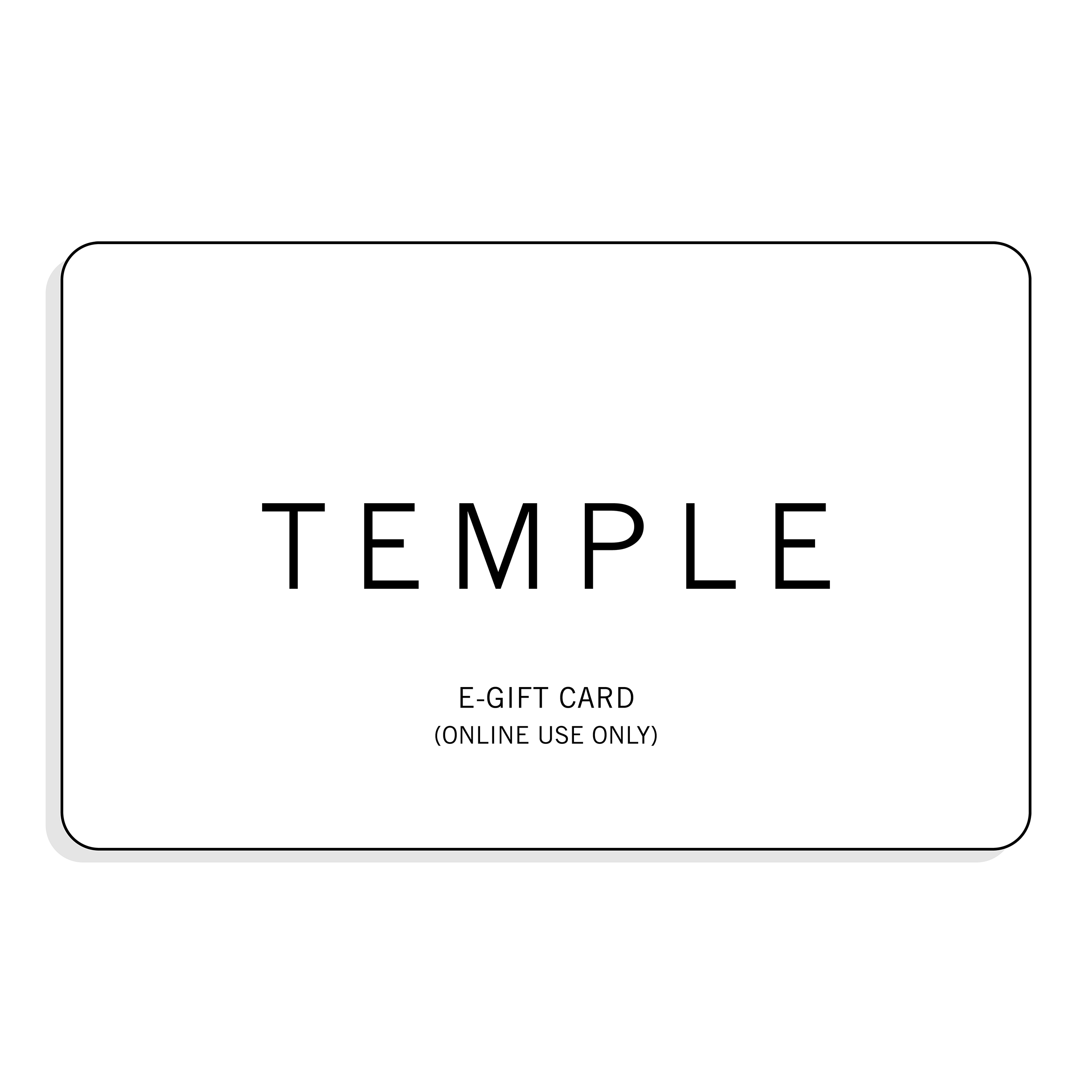 White e-gift card with 'TEMPLE' branding on a white background