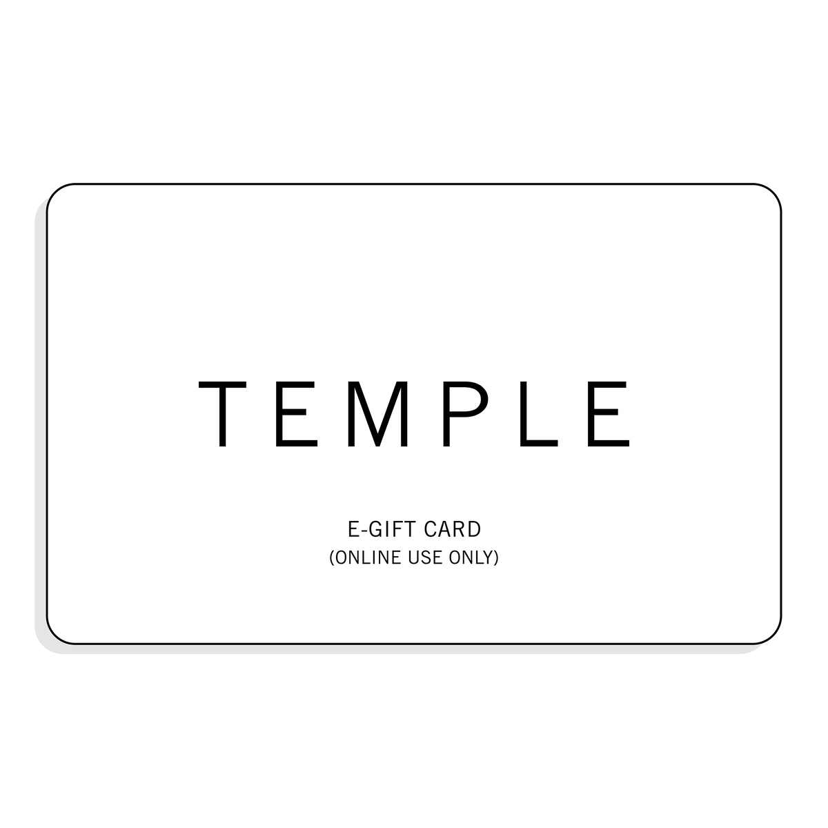 White e-gift card with 'TEMPLE' branding on a white background