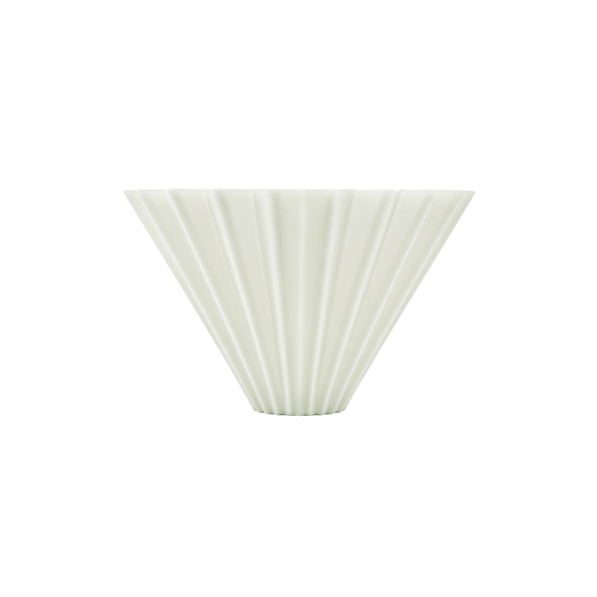 A white ceramic pour-over coffee cone with vertical fluted ridges, centered on a solid white background.