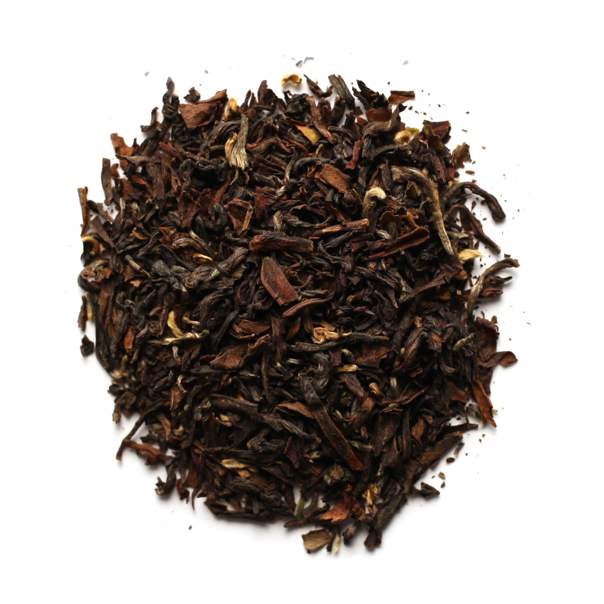 A pile of dry black tea leaves with some lighter, broken pieces visible on a white background.