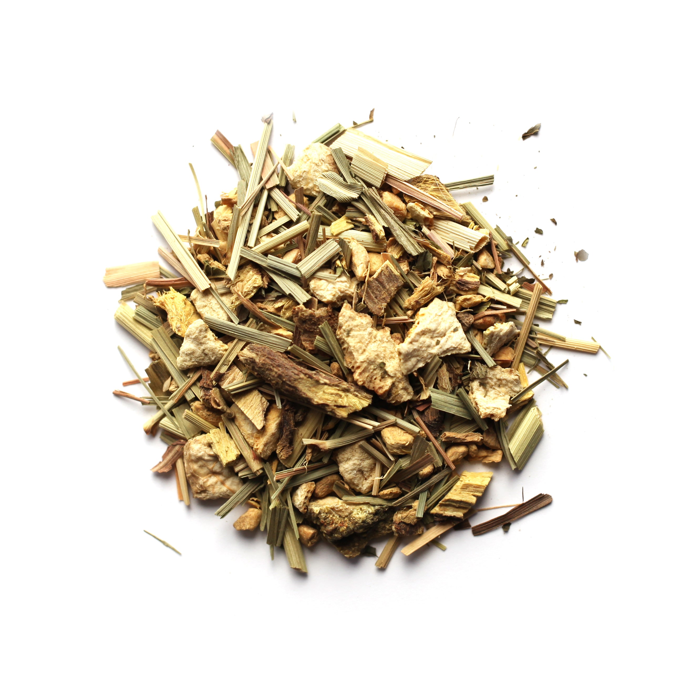 A pile of dried tea leaves and herbs, including pieces of ginger and lemon peel, against a white background.