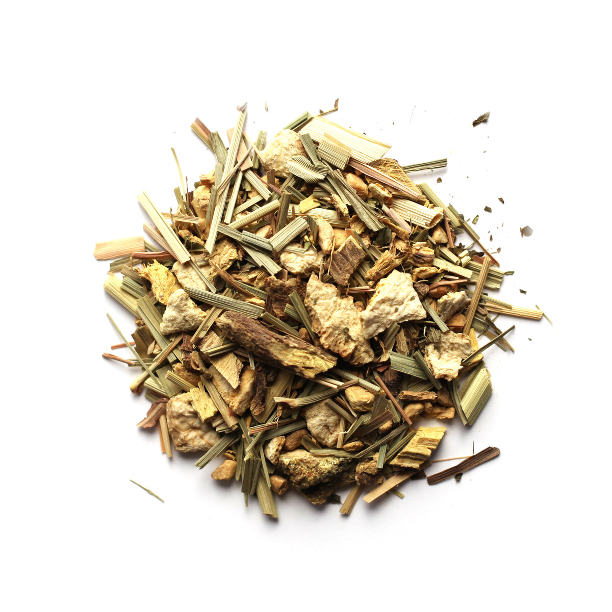 A pile of dried tea leaves and herbs, including pieces of ginger and lemon peel, against a white background.