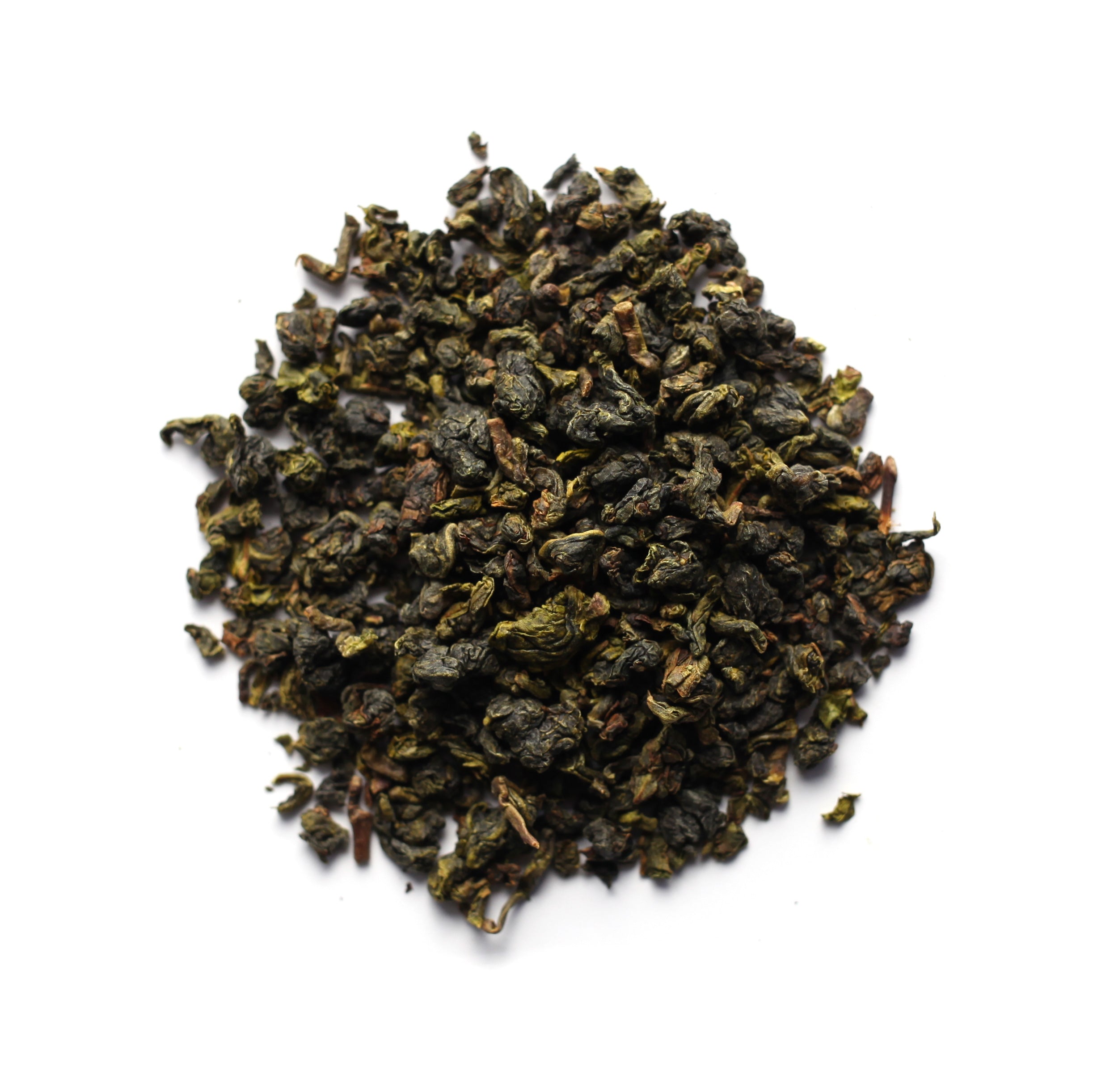 A pile of rolled oolong tea leaves on a white background.