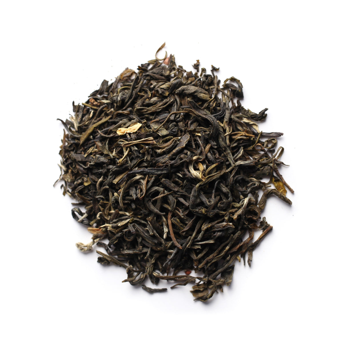 A pile of green tea leaves with visible jasmine blossoms interspersed among them.