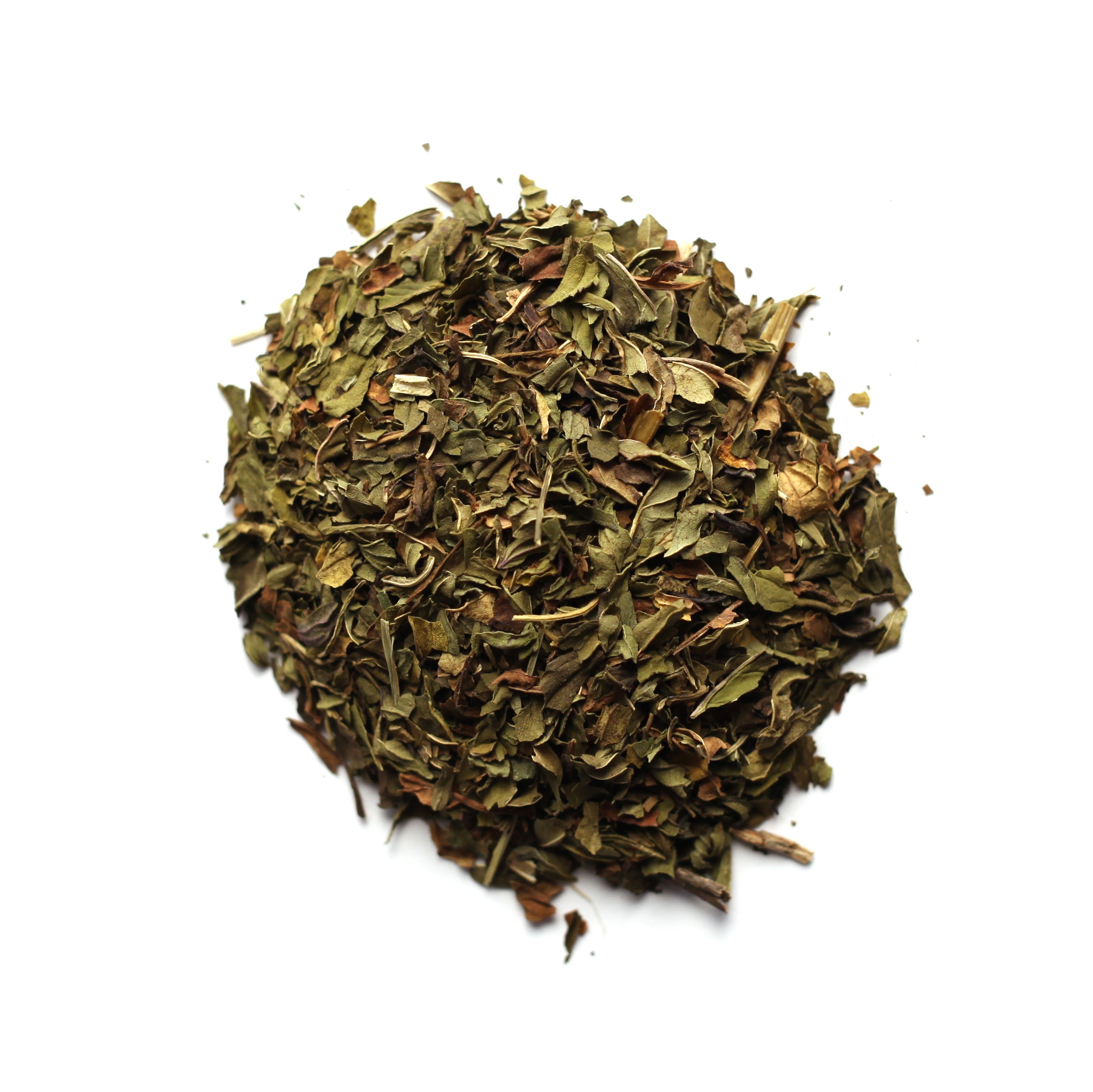 A pile of dried peppermint leaves on a white background.