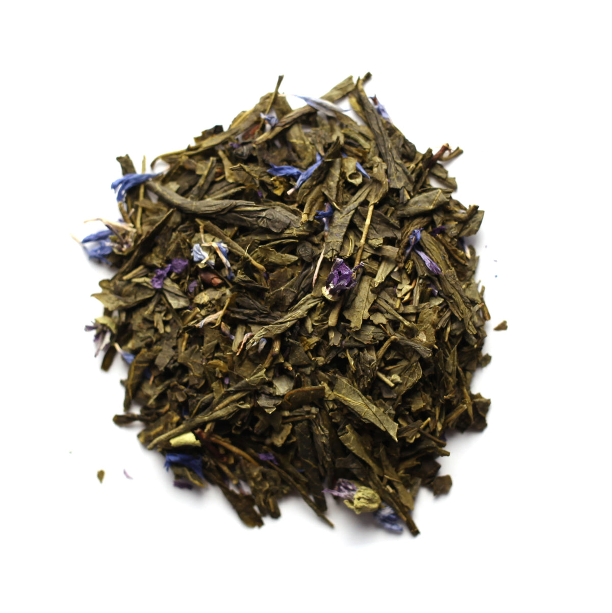 A pile of dried green tea leaves interspersed with small blue flowers.