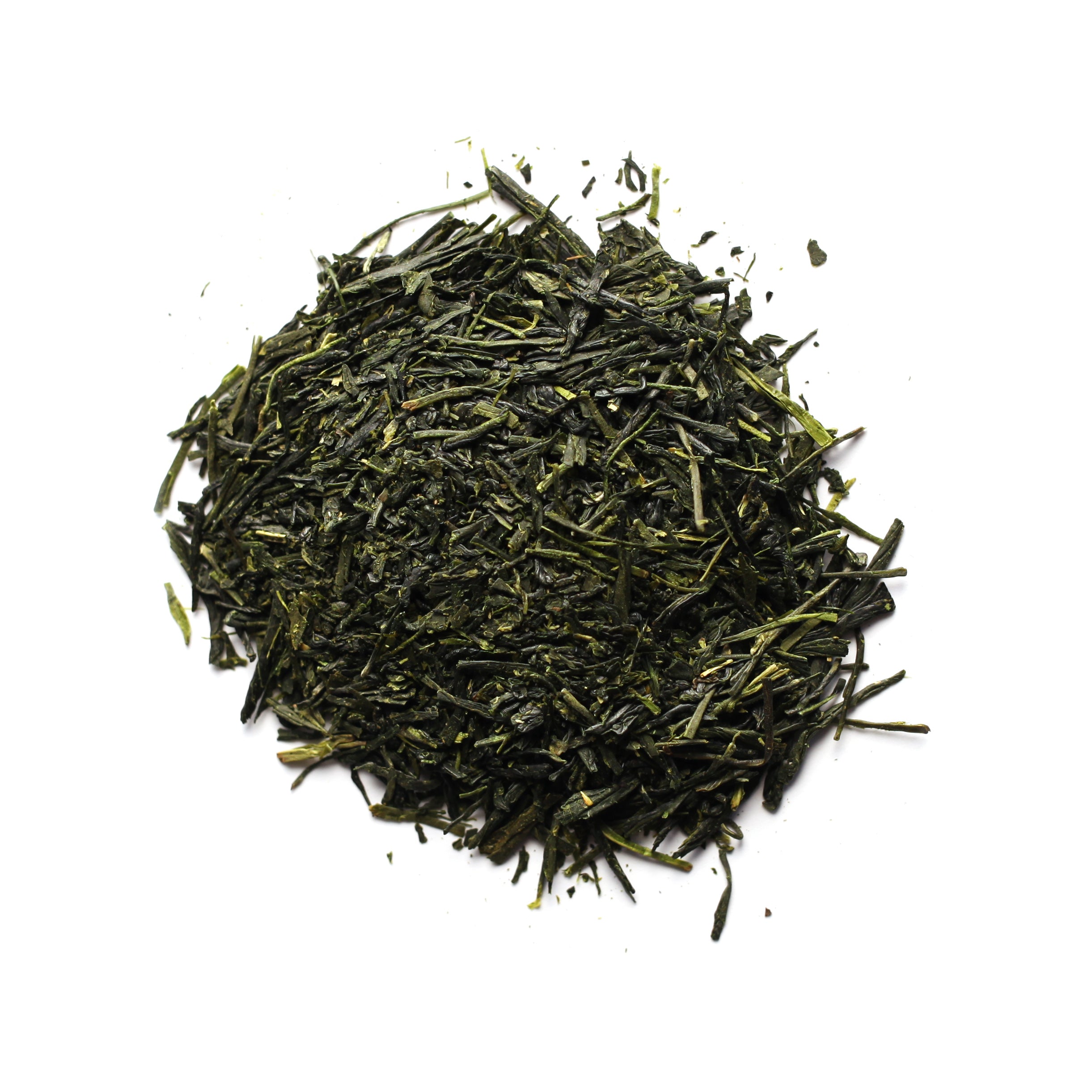 A pile of green Sencha Kyoto tea leaves against a white background.