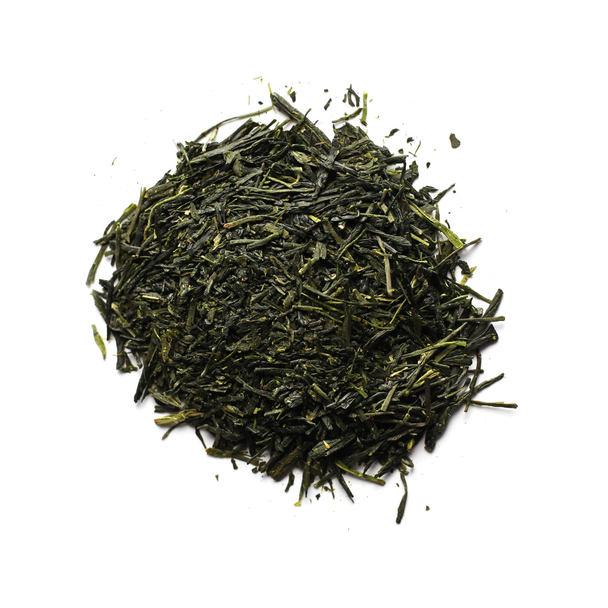 A pile of green Sencha Kyoto tea leaves against a white background.