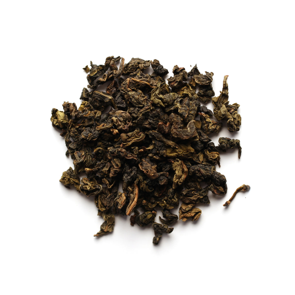 A pile of dry, dark oolong tea leaves against a white background.