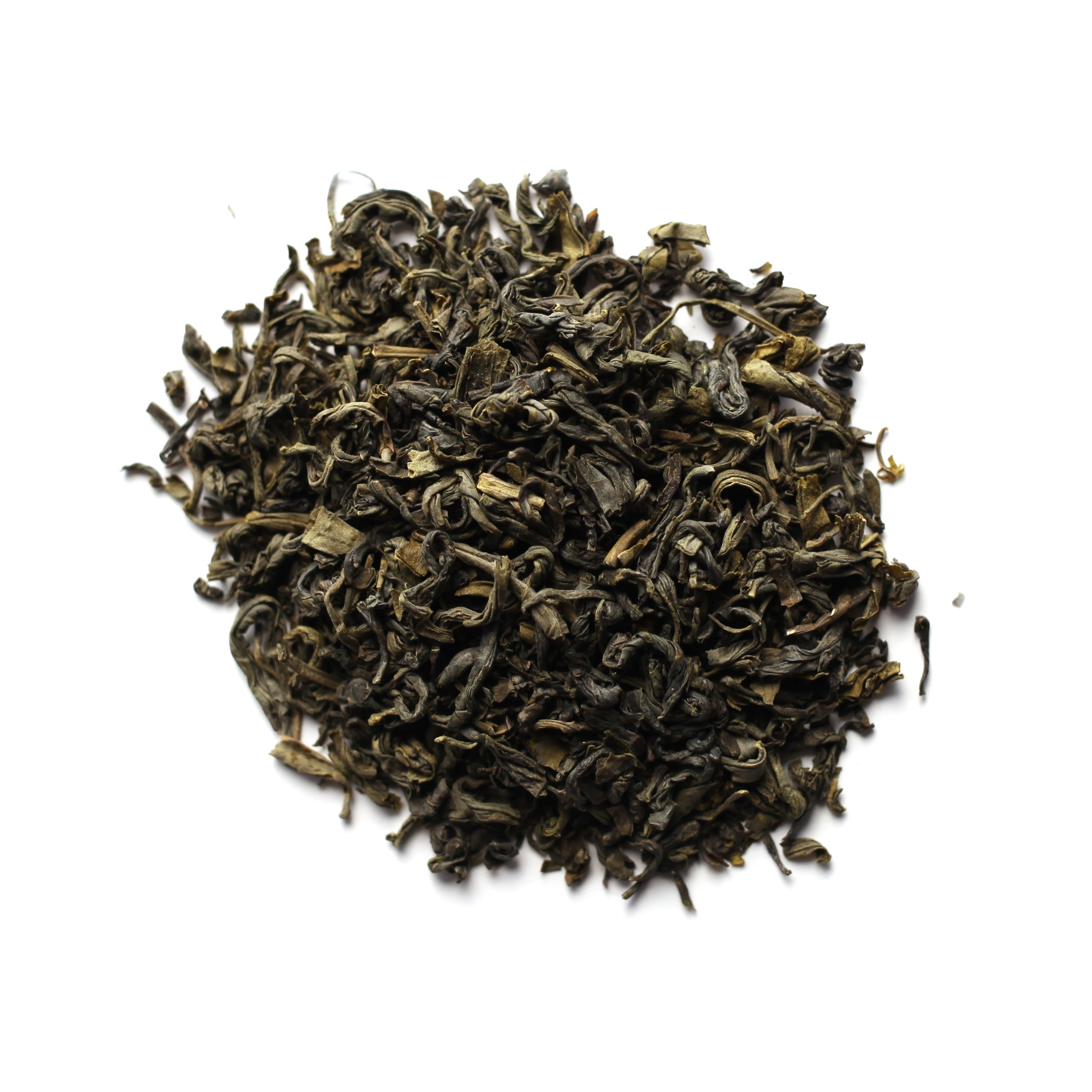 A pile of dry, twisted green tea leaves.